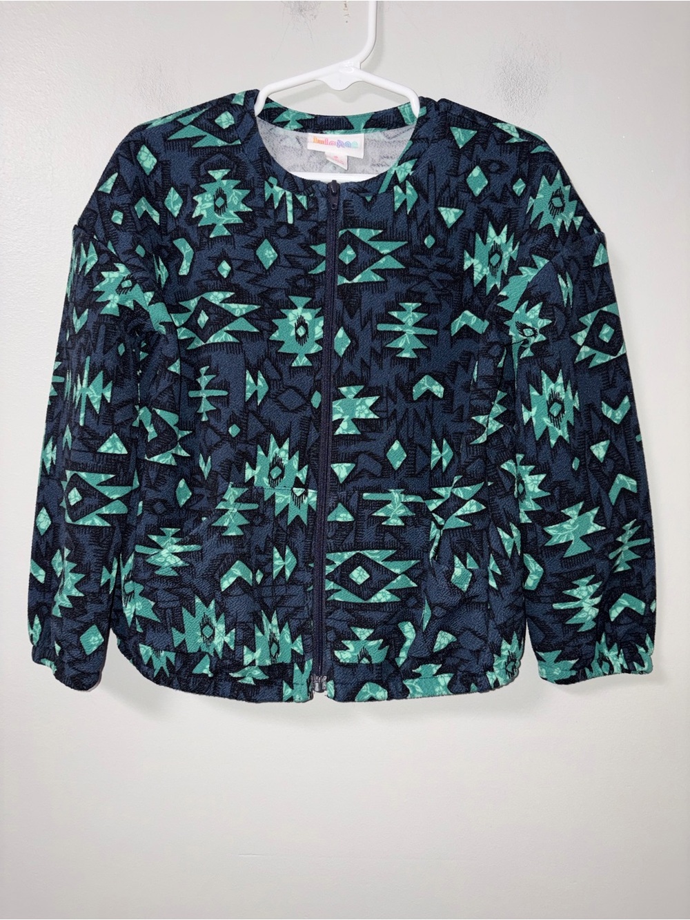 Lularoe Monroe Navy & Teal Aztec Tribal Zip Up Jacket‎ Girls 6